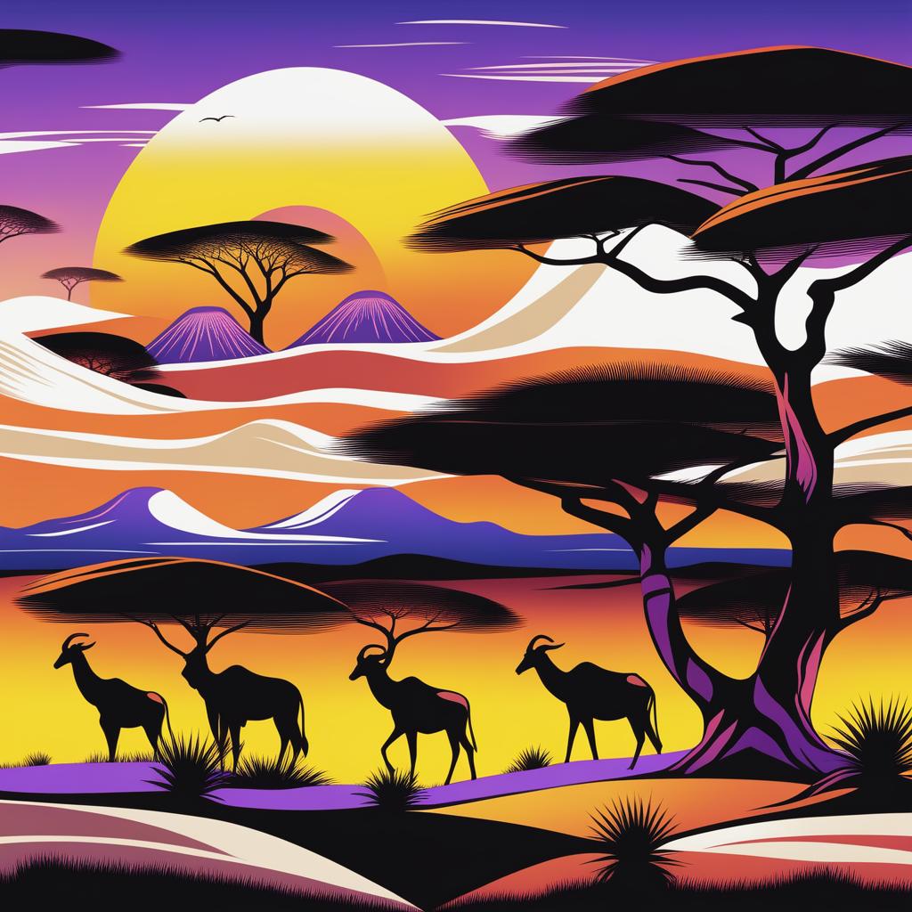 This is a high-quality digital art illustration of an African landscape, rendered in a vibrant palette of six distinct colors