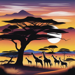 This is a high-quality digital art illustration of an African landscape, rendered in a vibrant palette of six distinct colors