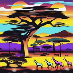 This is a high-quality digital art illustration of an African landscape, rendered in a vibrant palette of six distinct colors