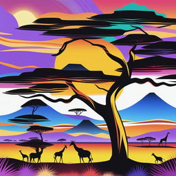 This is a high-quality digital art illustration of an African landscape, rendered in a vibrant palette of six distinct colors