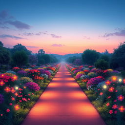 An illustration of a wide pathway in a vibrant and glowing park