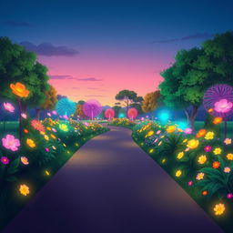 An illustration of a wide pathway in a vibrant and glowing park