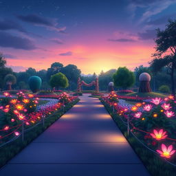 An illustration of a wide pathway in a vibrant and glowing park