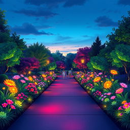 An illustration of a wide pathway in a vibrant and glowing park