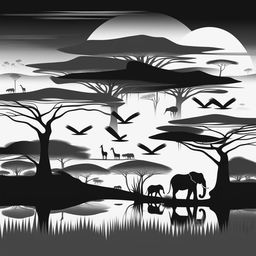 This is a high-quality, monochromatic digital art depiction of an African landscape