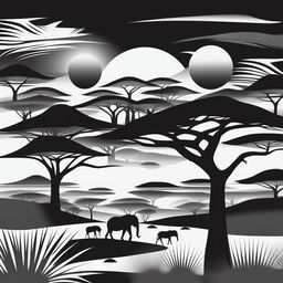 This is a high-quality, monochromatic digital art depiction of an African landscape