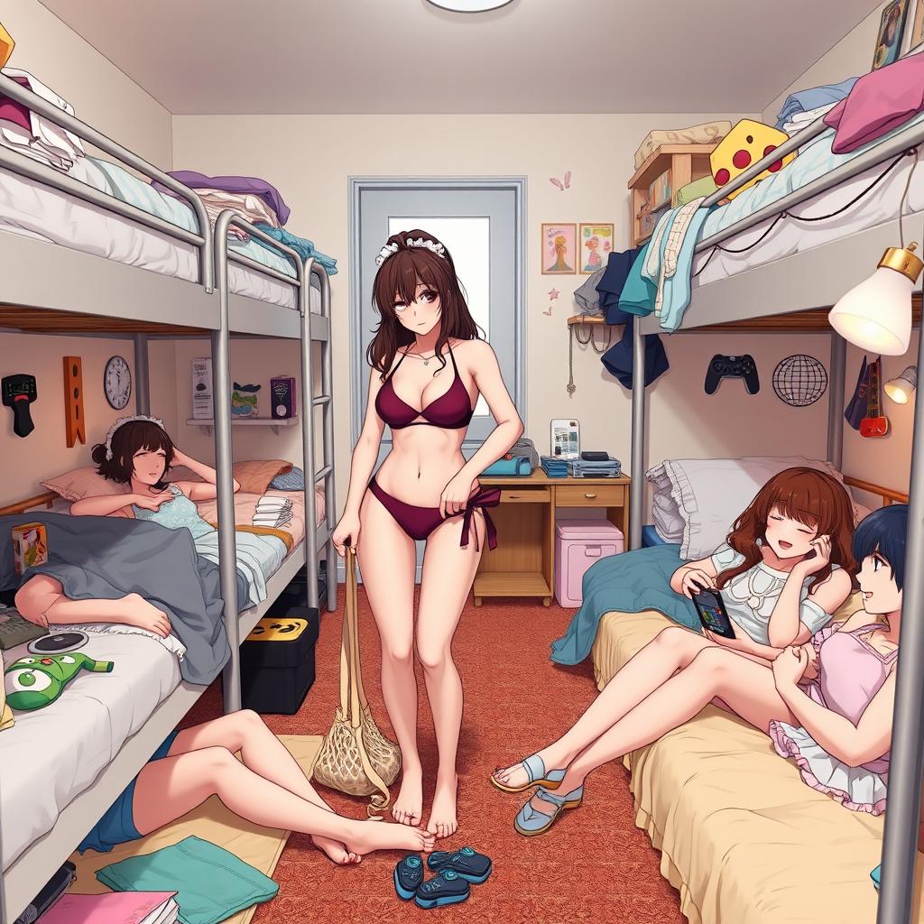 A sad brunette mature maid in a stylish bikini, tidying up a cozy dormitory room while five relaxed girls lounge on bunk beds and the floor, enjoying their free time