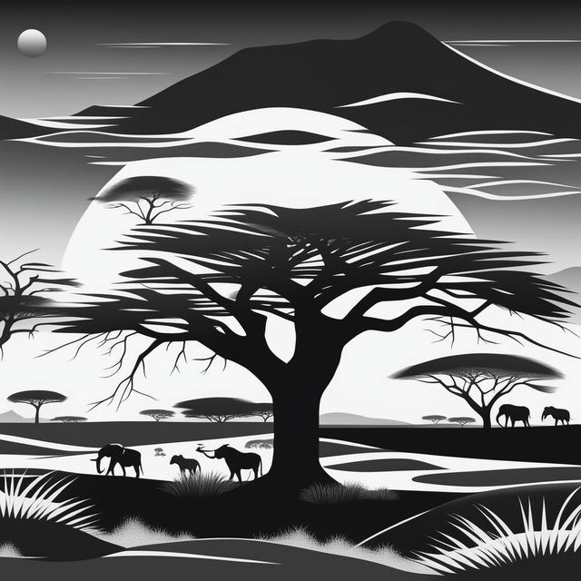 This is a high-quality, monochromatic digital art depiction of an African landscape