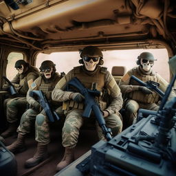 5 combatants in military fatigue and skeleton face masks and armed with assault rifles in a rugged terrain vehicle, one combatant is wearing a radio, while another combatant is sporting a missile launcher