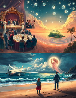 A panoramic scene illustrating the enchanting love story of Dave and Rose, beginning with a glamorous auction filled with exquisite jewelry pieces and elegantly dressed attendees