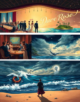 A panoramic scene illustrating the enchanting love story of Dave and Rose, beginning with a glamorous auction filled with exquisite jewelry pieces and elegantly dressed attendees