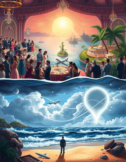 A panoramic scene illustrating the enchanting love story of Dave and Rose, beginning with a glamorous auction filled with exquisite jewelry pieces and elegantly dressed attendees
