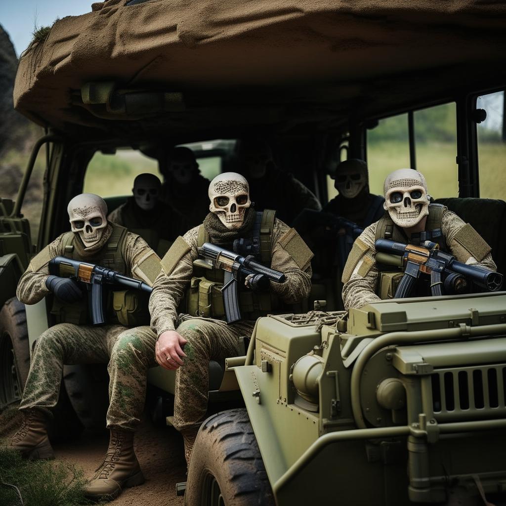 5 combatants in military fatigue and skeleton face masks and armed with assault rifles in a rugged terrain vehicle, one combatant is wearing a radio, while another combatant is sporting a missile launcher