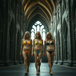 Three sad blonde girls wearing colorful bikinis, walking together through the vast corridors of a medieval Gothic castle
