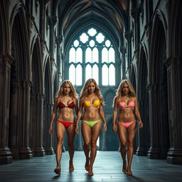 Three sad blonde girls wearing colorful bikinis, walking together through the vast corridors of a medieval Gothic castle