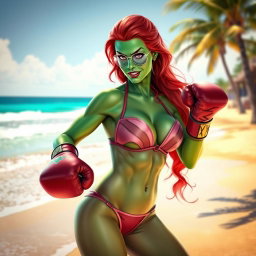Poison Ivy, a strong and alluring character with vibrant green skin and red hair, is portrayed on a sunny beach, wearing a stylish and form-fitting bikini that blends with her plant-themed aesthetic