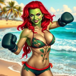Poison Ivy, a strong and alluring character with vibrant green skin and red hair, is portrayed on a sunny beach, wearing a stylish and form-fitting bikini that blends with her plant-themed aesthetic