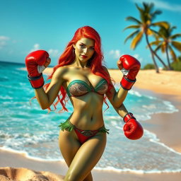 Poison Ivy, a strong and alluring character with vibrant green skin and red hair, is portrayed on a sunny beach, wearing a stylish and form-fitting bikini that blends with her plant-themed aesthetic