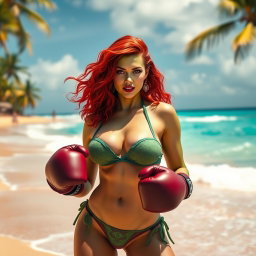 Poison Ivy, a strong and alluring character with vibrant green skin and red hair, is portrayed on a sunny beach, wearing a stylish and form-fitting bikini that blends with her plant-themed aesthetic