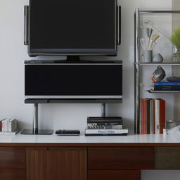 A modern study table laden with stationery and a laptop, standing next to a sleek, state-of-the-art TV unit showcasing various accessories.