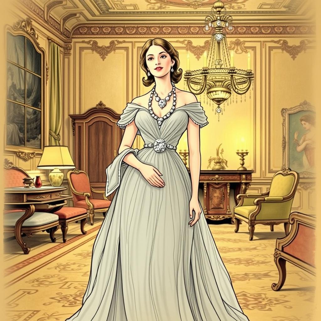 A classic book illustration for Guy de Maupassant's short story "The Necklace