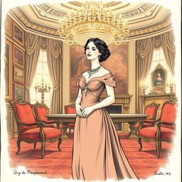 A classic book illustration for Guy de Maupassant's short story "The Necklace