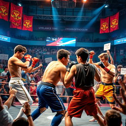 A vibrant and intense arena scene showcasing teenage fighters in action, surrounded by a cheering crowd