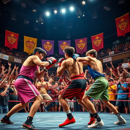 A vibrant and intense arena scene showcasing teenage fighters in action, surrounded by a cheering crowd