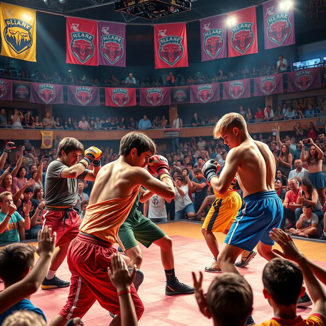 A vibrant and intense arena scene showcasing teenage fighters in action, surrounded by a cheering crowd