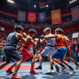 A vibrant and intense arena scene showcasing teenage fighters in action, surrounded by a cheering crowd