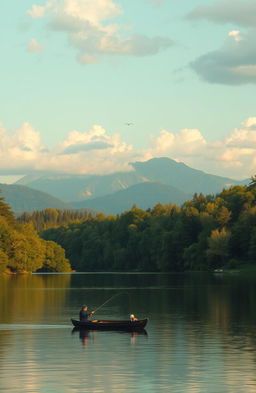 A serene landscape featuring a tranquil lake surrounded by lush green trees and a majestic mountain range in the background