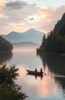 A serene landscape featuring a tranquil lake surrounded by lush green trees and a majestic mountain range in the background