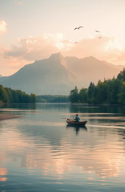 A serene landscape featuring a tranquil lake surrounded by lush green trees and a majestic mountain range in the background