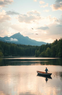 A serene landscape featuring a tranquil lake surrounded by lush green trees and a majestic mountain range in the background