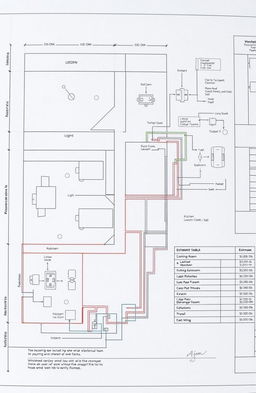 An architectural blueprint for a house wiring plan, featuring detailed schematics of electrical wiring layout including circuit mapping, outlet placements, light fixtures, and switch locations