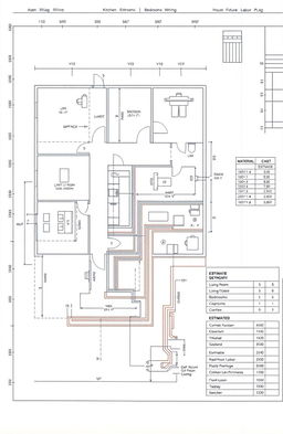 An architectural blueprint for a house wiring plan, featuring detailed schematics of electrical wiring layout including circuit mapping, outlet placements, light fixtures, and switch locations