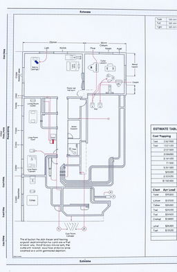 An architectural blueprint for a house wiring plan, featuring detailed schematics of electrical wiring layout including circuit mapping, outlet placements, light fixtures, and switch locations