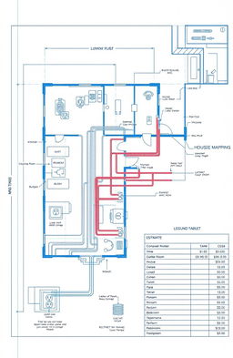 An architectural blueprint for a house wiring plan, featuring detailed schematics of electrical wiring layout including circuit mapping, outlet placements, light fixtures, and switch locations