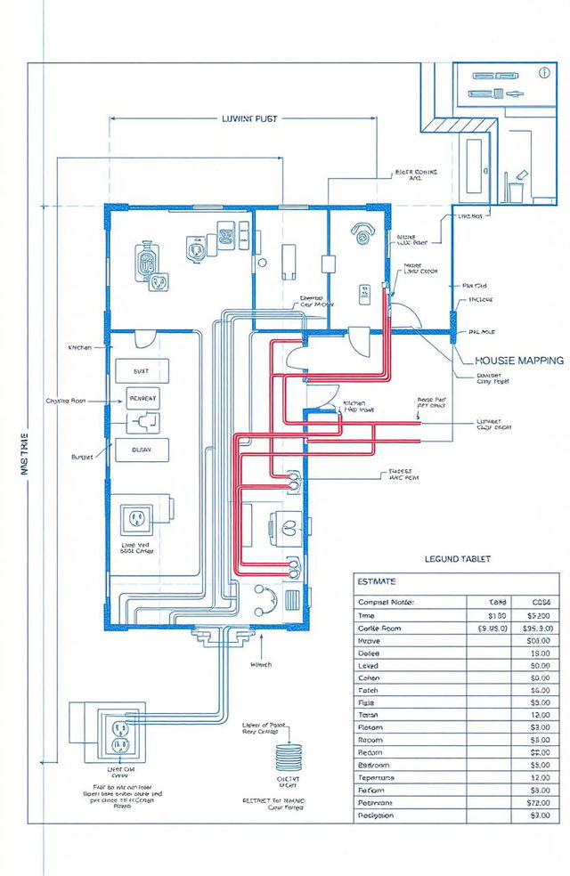 An architectural blueprint for a house wiring plan, featuring detailed schematics of electrical wiring layout including circuit mapping, outlet placements, light fixtures, and switch locations