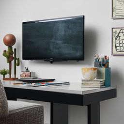 A modern study table laden with stationery and a laptop, standing next to a sleek, state-of-the-art TV unit showcasing various accessories.