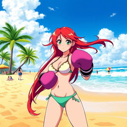 A vibrant scene depicting Yoko Littner, a character from 'Gurren Lagann,' at the beach, wearing a stylish bikini and boxing gloves