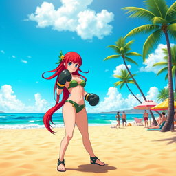 A vibrant scene depicting Yoko Littner, a character from 'Gurren Lagann,' at the beach, wearing a stylish bikini and boxing gloves