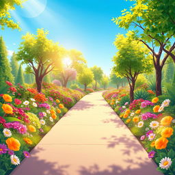 An illustration of a wide pathway in a bright and vibrant park filled with aesthetically glowing colors