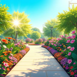 An illustration of a wide pathway in a bright and vibrant park filled with aesthetically glowing colors
