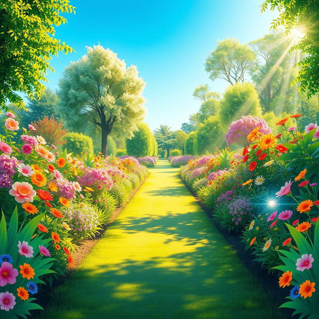 An illustration of a wide pathway in a bright and vibrant park filled with aesthetically glowing colors