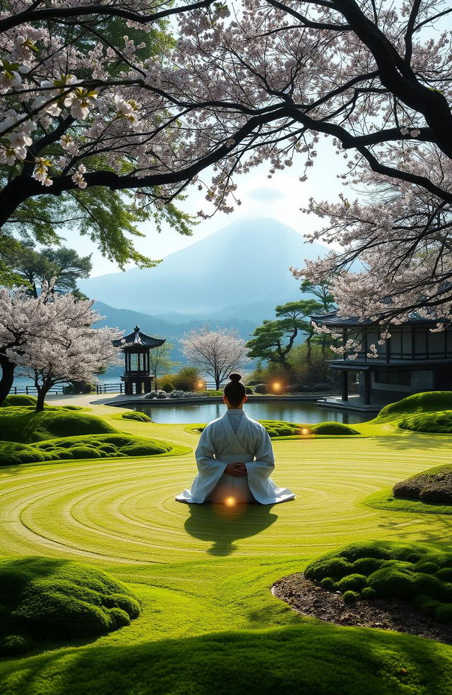 A serene Zen garden, lush green moss, meticulously raked sand patterns, delicate cherry blossoms gently falling, a tranquil koi pond reflecting the sky, and a distant mountain shrouded in mist