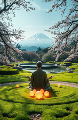 A serene Zen garden, lush green moss, meticulously raked sand patterns, delicate cherry blossoms gently falling, a tranquil koi pond reflecting the sky, and a distant mountain shrouded in mist