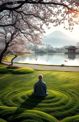 A serene Zen garden, lush green moss, meticulously raked sand patterns, delicate cherry blossoms gently falling, a tranquil koi pond reflecting the sky, and a distant mountain shrouded in mist