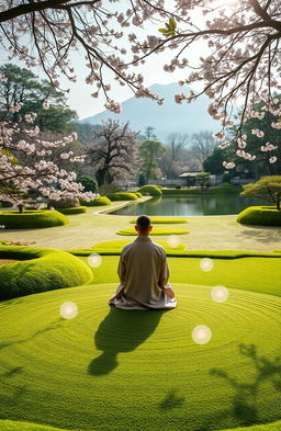 A serene Zen garden, lush green moss, meticulously raked sand patterns, delicate cherry blossoms gently falling, a tranquil koi pond reflecting the sky, and a distant mountain shrouded in mist