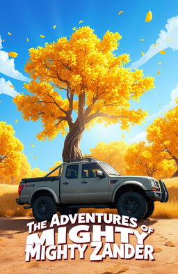 A whimsical scene featuring a majestic tree with brilliant golden leaves, standing tall amidst a clear blue sky